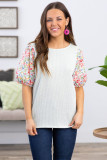 White Contrast Floral Puff Sleeve Ribbed Knit Plus Size Blouse