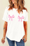 White Sweet Bow Knot Print O Neck Casual T Shirt