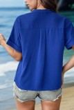 Royal Blue V Neck Buttoned Short Sleeves Blouse
