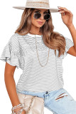 Light Grey Striped Lace Splicing Ruffle Sleeve T-shirt