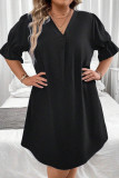 Black Solid Ruffled Puff Sleeve V Neck Plus Size Mini Dress