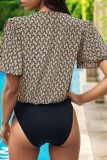 Khaki Printed V Neck Short Sleeves Bodysuit