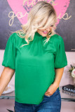Sea Green Shirred High Neck Puff Sleeve Plus Size Blouse