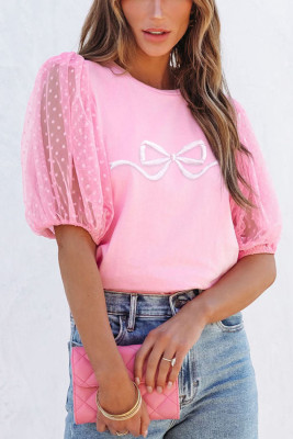 Pink Bow Tie Embroidered Dotted Mesh Puff Sleeve T Shirt