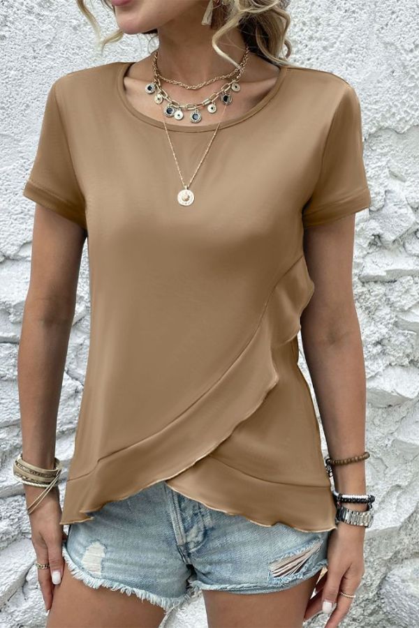 Crew Neck Plain Ruffle Hem Top 