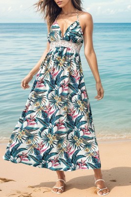 Tropical Floral Print V Neck Maxi Slip Dress