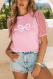 Pink Bow Tie Embroidered Dotted Mesh Puff Sleeve T Shirt