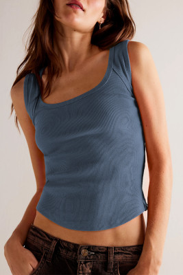 Sky Blue Ribbed Exposed Seam Cropped Tank Top