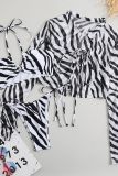 Striped Print Bikini Set With Kimono 3pcs Set
