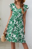 Floral V Neck Ruffle Sleeves Dress 