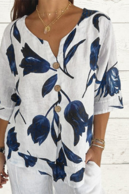 White Printed V Neck Buttoned Blouse