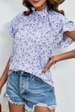 Frilled Collar Dual Ruffles Sleeves Floral Blouse