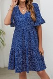 Flare Sleeves Blue Printed Dress 