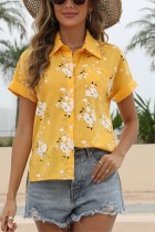 Floral Print Open Button Short Sleeves Blouse