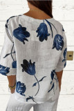 White Printed V Neck Buttoned Blouse