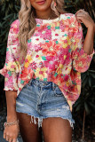 Pink Shirred Cuffs 3/4 Sleeve Floral Blouse