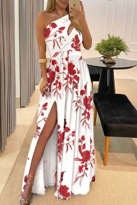One Shoulder Split Floral Maxi Dress