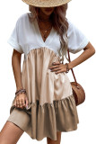 Light French Beige Triple Colors V Neck Folded Cuffs Tiered Loose Dress