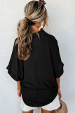 Black Collared Half Buttons Folded Short Sleeve Oversize Top