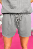 Gray Textured Ruffle Split Top and Drawstring Shorts