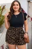 Brown Plus Size Leopard Shorts and Ruffle Sleeve Tee Set