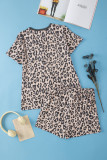 Multicolour Leopard Button V Neck Tee and Drawstring Shorts Set