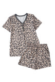 Multicolour Leopard Button V Neck Tee and Drawstring Shorts Set