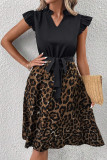Black Flutter Sleeve Bodice Splicing Leopard Print Dress