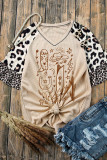 Khaki Western Pattern Leopard Patchwork Waffle Knit T Shirt