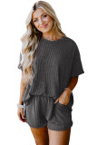 Carbon Grey Ribbed Textured Knit Loose Fit Tee and Shorts Set