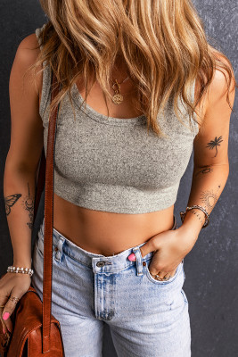 Light Grey Stretchy Knitted Sleeveless U Neck Crop Top