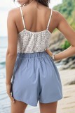 V Neck White Lace Slip Top With Blue Shorts One Piece Romper