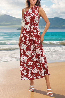 One Shoulder Sleeveless Red Floral Maxi Dress