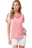 Pink Exposed Seam Color Block Knitted V Neck T-shirt