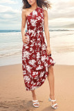 One Shoulder Sleeveless Red Floral Maxi Dress