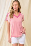 Pink Exposed Seam Color Block Knitted V Neck T-shirt