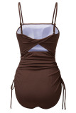 Coffee Ribbed Drawstring Sides Cutout One Piece Swimsuit