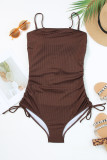 Coffee Ribbed Drawstring Sides Cutout One Piece Swimsuit