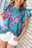 Green Floral Ruffled Flutter Sleeve Ruched Blouse
