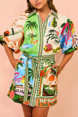Tropical Summer Print Buttoned Shirt Dress