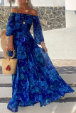 Blue Flower Off Shoulder Maxi Dress 