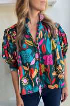 Green Floral Print Puff Sleeve Tied V Neck Blouse