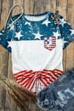 Multicolor Stars and Stripes Print Sequined Patched Pocket T Shirt