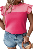 Strawberry Pink Textured 2-Tone Patchwork Frill Neck Ruffled Trim Plus Blouse