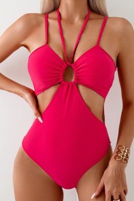 Rose Hollow Out Halter One Piece Swimsuit