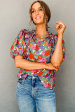 Red Floral Tie Split Neck Ruffle Puff Sleeve Blouse