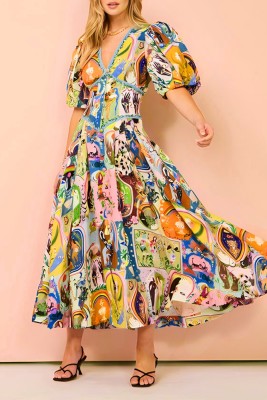 Multicolor Print V Neck Buttoned Bubble Sleeves Maxi Dress