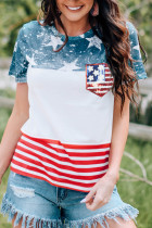 Multicolor Stars and Stripes Print Sequined Patched Pocket T Shirt