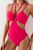 Rose Hollow Out Halter One Piece Swimsuit