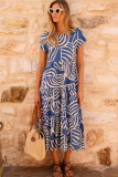 Sky Blue Boho Printed Short Sleeve Flare Tiered Dress